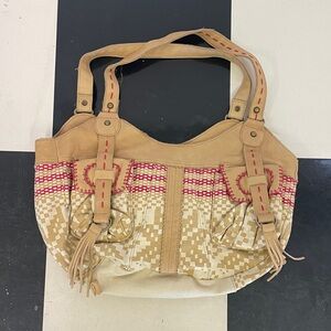 Lucky Penny Anthropologie Boho Leather Canvas Fringe Shoulder bag Hobo Cowgirl